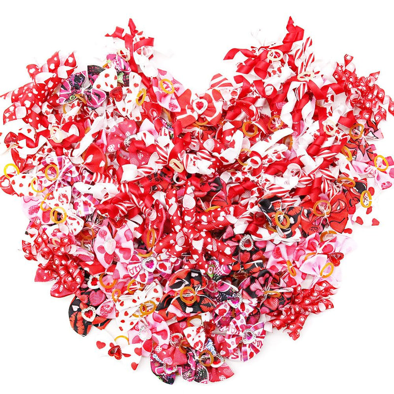 60Pcs Valentines Dog Bows with Rubber Bands Love Heart Dog Bowknot Hair Bows Red Pink PuppyTopknot Bows for Valentines Day Doggie Cat Bunny Yorkie Pet Hair Grooming Accessories Valentine's Day - BeesActive Australia