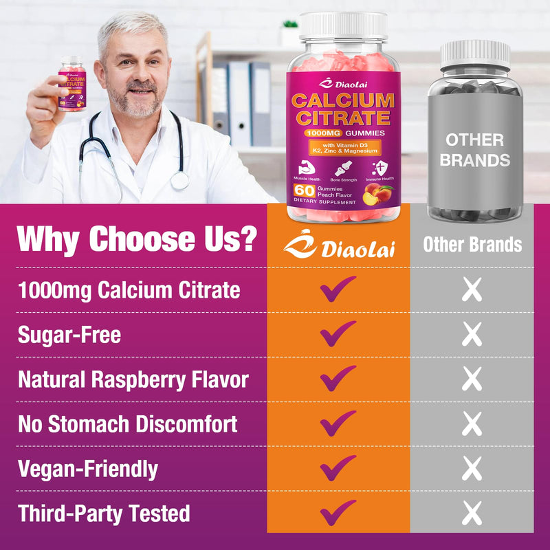 2 Pack Calcium Citrate Gummies - 1000mg per Serving - Supports Bone & Teeth Health with Vitamin D3 & K2 - Delicious Peach Flavor - Non-GMO, Gluten-Free - 120 Gummies 2 Pack