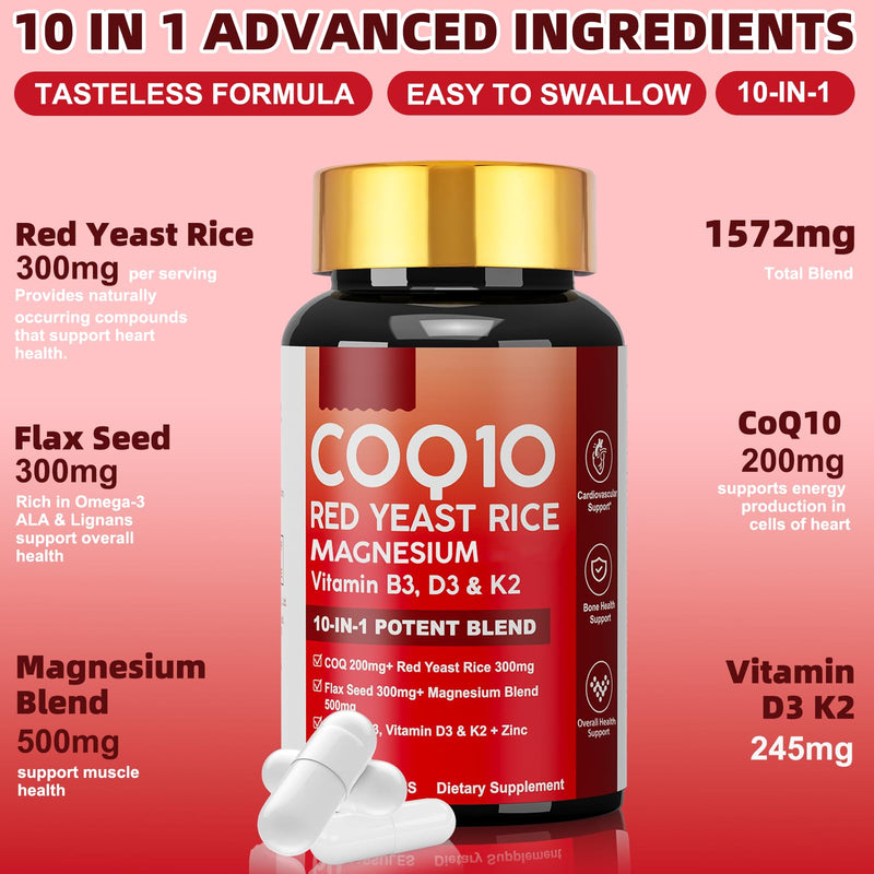 10 in 1 CoQ10 Supplement with Magnesium, Red Yeast Rice for Women & Men | Coenzyme Q10 Complex as Ubiquinone with Vitamin D3, K2, B3, Zinc, Antioxidant Support Heart Energy & Brain Health 60 softgels 60 Count (Pack of 1)