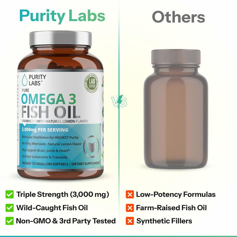 Purity Labs Omega 3 Fish Oil 3000mg – DHA & EPA Omega 3 Fatty Acid Supplements to Support Heart and Brain Health - Immune Support Supplement - 180 Softgels (60 Servings) 1
