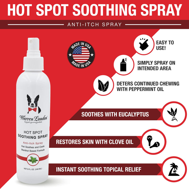 Warren London Dog Hot Spot Soothing Spray, Cooling Anti-Itch Spray with Menthol, Bitter Lick & Chew Deterrent for Dry Itchy Skin & Irritated Areas, Made in USA, 8 oz