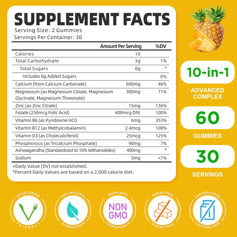 Calcium Magnesium Zinc Gummies with Vitamin D3, Sugar Free Calcium Gummies for Women Men, High Potency Magnesium for Bone & Muscle & Immune Health, Pineapple Flavor - 120 Count 60 Count (Pack of 2)