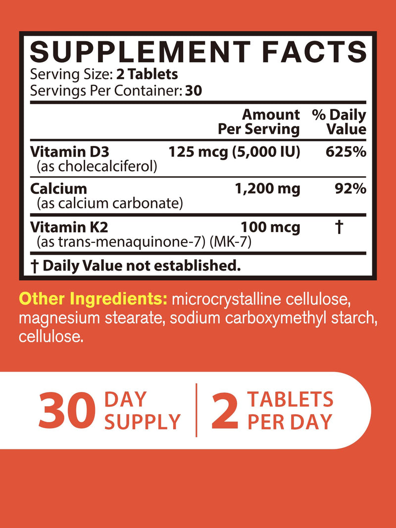Calcium Supplements for Women & Men, 1200 mg with Vitamin D3 K2, 5000 IU D3, 100 mcg MK-7, Non-GMO, for Calcium Absorption, Strong Bones & Teeth, Heart & Immune Health, 60 Tablets