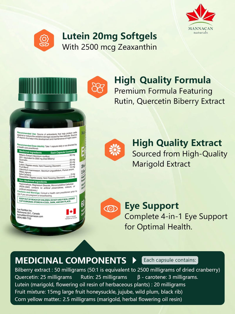 Lutein 20mg and Zeaxanthin Supplements, 60 Capsules, Lutein for Eyes, Eye Supplement,Bilberry Supplement for Eyes,Areds 2 Lutein Zeaxanthin Vitamin for Eyes Health for Adults 60 Count (Pack of 1)