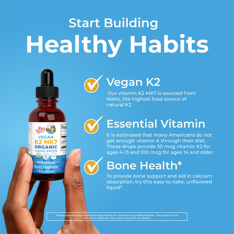 MARYRUTH'S USDA Organic Vitamin K2 MK7 Liquid Drops for Adults & Kids, 1 oz | Adults & Kids, Sourced from Natto, Menaquinone-7, Vegan K2 Vitamin for Bone Health & Calcium Absorption