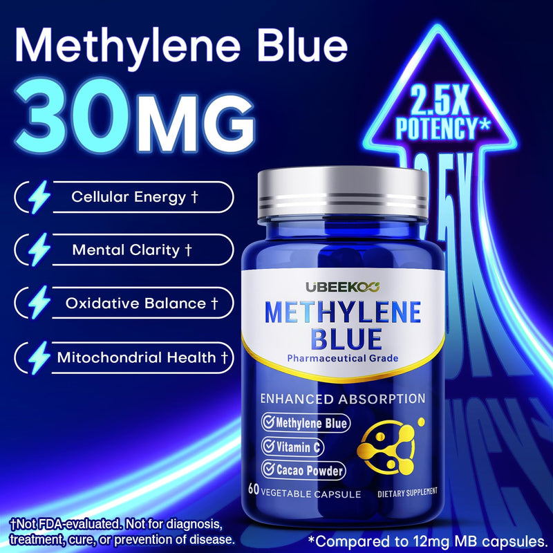 Methylene Blue Capsules, 30mg Pharma Grade, 60 Vegan Capsules | 30mg Pharmaceutical Grade Methylene Blue with Vitamin C & Organic Cacao for Daily Wellness, Cellular & Cognitive Support