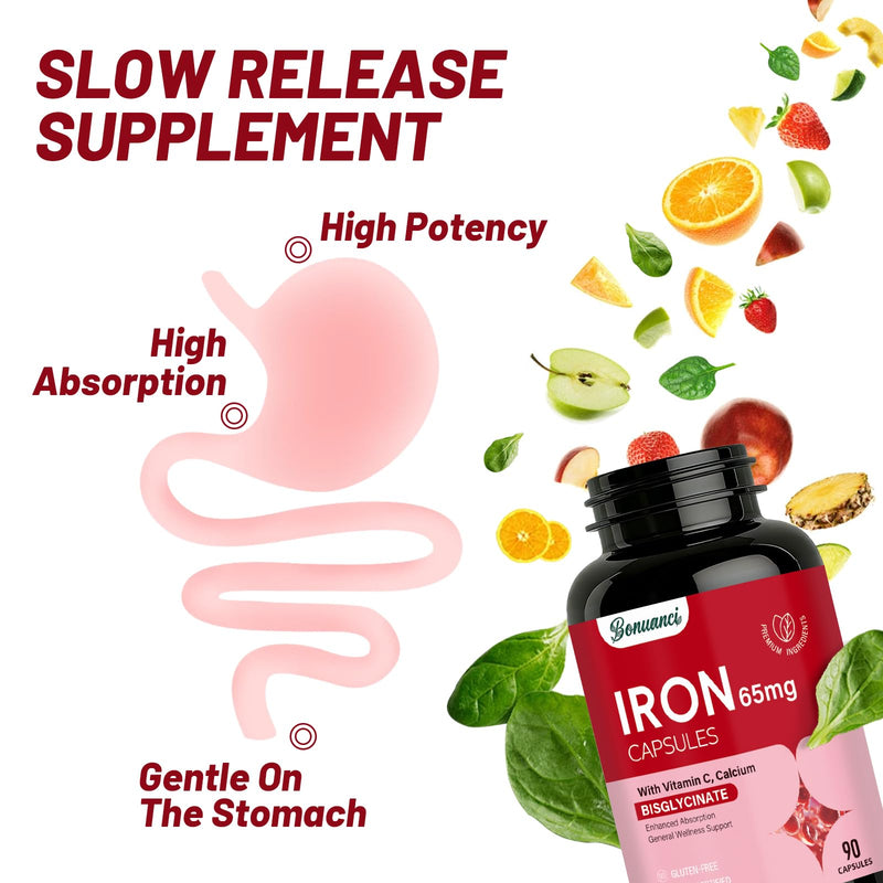Iron Supplement - Iron 65mg High Absorption Iron Bisglycinate with Vitamin C, Calcium, Gentle Iron Pills for Women Men - Non GMO & Gluten Free, Stomach Friendly, 90 Capsules 90 Count (Pack of 1)