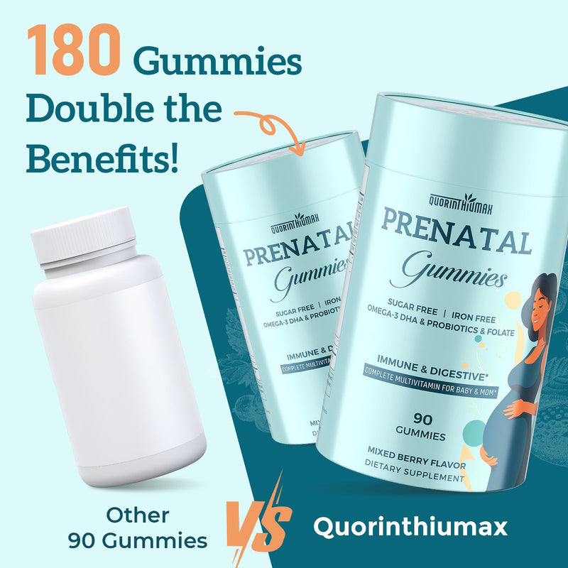 Quorinthiumax Prenatal Gummies Sugar Free 90 Count - Organics Prenatal Vitamins for Women with Folate, DHA & Probiotics - Iron Free Prenatal Vitamin Gummies for Immune & Digestive - 1 Bottle 90 Count (Pack of 1)
