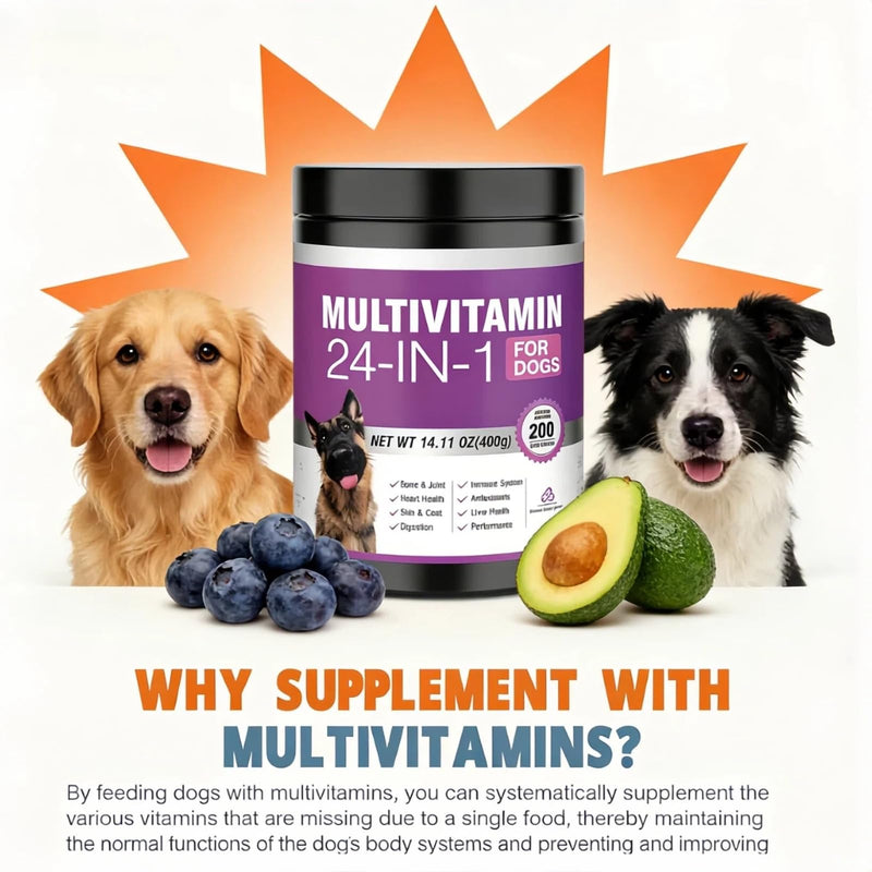 24-in-1 Dog Vitamins and Supplements, Dog Multivitamin Chewable with Glucosamine, Chondroitin, Probiotics & Omega 3 for Skin and Coat, Hip and Joint, Gut and Immune Support, 200 Chews