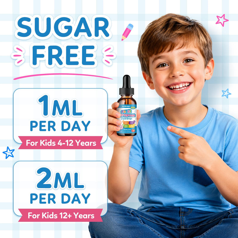 Kids Focus and Attention Supplements with Phosphatidylserine, L-Theanine, Omega-3, Ginkgo Biloba, Kids Multivitamin Liquid Drops, Supports Cognitive, Memory, Calm & Mood, Strawberry, 2 Fl Oz 2 Fl Oz (Pack of 1)