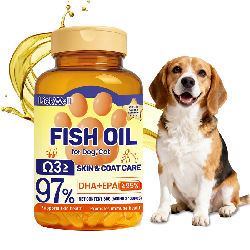 Fish Oil Pet Up to 97% Omega 3, 600 mg Omega 3 Per Soft Gel, Dog Fish Oil Supplement ≥95% EPA and DHA, Promotes Skin, Coat, Joint, and Immune Health, 100 Capsules