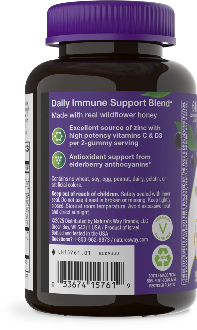 Nature's Way Sambucus Elderberry + Wildflower Honey Immune Gummy, 50 ct | Daily Immune Support Gummies with Vitamins C & D3, Zinc for Adults and Kids Ages 4+*, 50 Vegetarian Gummies