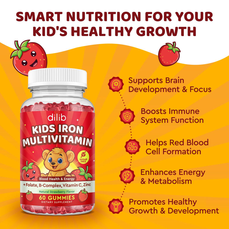 Iron Supplement Gummies for Kids, Kids Multivitamin with Iron Gummies - Zinc, Vitamin B Complex, A, C, D3, B12, Folate for Blood Builder & Energy Support, Iron Deficiency, Vegan Strawberry 60 Gummies 60 Count (Pack of 1)