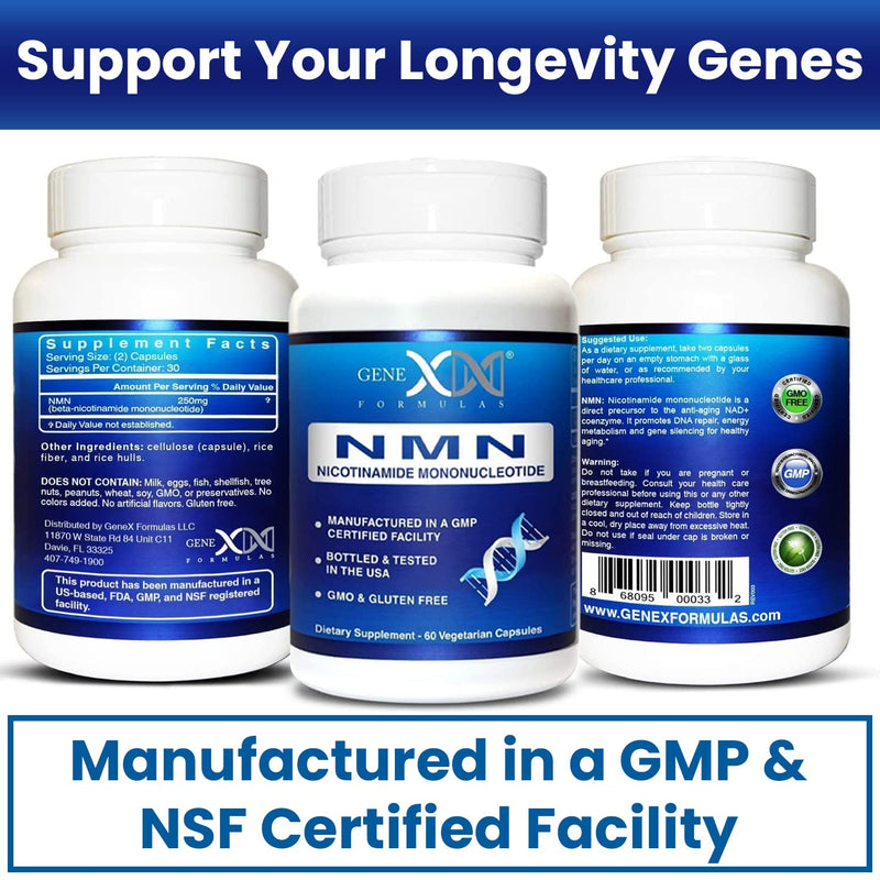 Genex Formulas NMN 250 mg Dose Stabilized Form 99% Pure Supplement, 3 Pack | NMN Supplement for Cellular Energy, Increased NAD Levels, DNA Repair, and Healthy Aging, GMP Certified, 90 Day Supply 60 Count (Pack of 3)