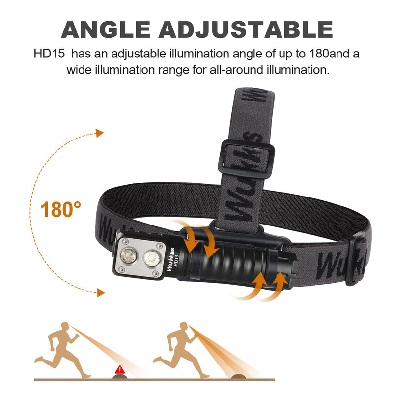 Wurkkos HD15 Headlamp 2000 Lumens LED Head Flashlight Rechargeable Headlight Right Angle Flashlight with Spotlight and Floodlight IP68 Waterproof Magnetic Tailcap (Black) Black