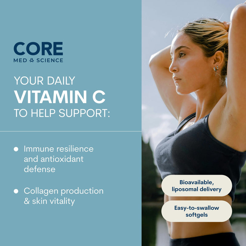 Core Med Science Liposomal Vitamin C 1000mg, 90 Softgels - Non-GMO | Natural Liposomal Vitamin C Supplement that Promotes Healthy Skin - Immune System Booster, Supports Collagen Formation 90 Count (Pack of 1) Softgel