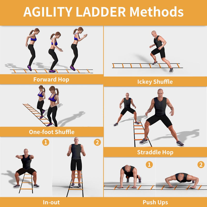 YISSVIC Agility Ladder and Cones 20 Feet 12 Adjustable Rungs Fitness Speed Training Equipment,1 Carry Bags, 10 Cones, 4 Stakes, Basketball, Soccer 20 feet Orange - BeesActive Australia