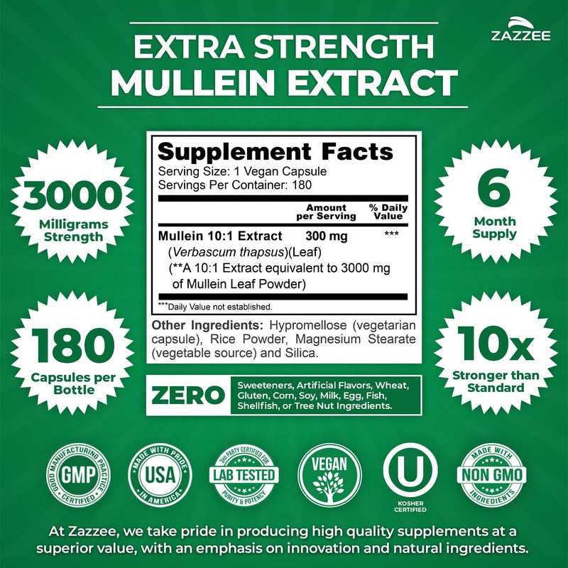 Zazzee Extra Strength Mullein Leaf 10:1 Extract, 180 Vegan Capsules | 6 Month Supply, Respiratory & Lung Support, Certified Kosher, 100% Pure Leaf Powder, Verbascum Thapsus, Non-GMO, Made in USA 180 Count