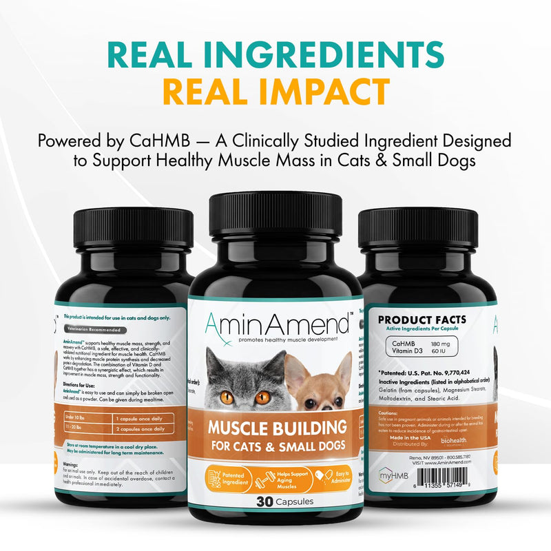 Muscle Support Pet Supplement for Small Dogs & Cats with CaHMB & Vitamin D3 – All Ages & Senior Dog Supplements for Muscle Strength, Mobility & Daily Activity – (30 Capsules, 2-Pack) 180 mg