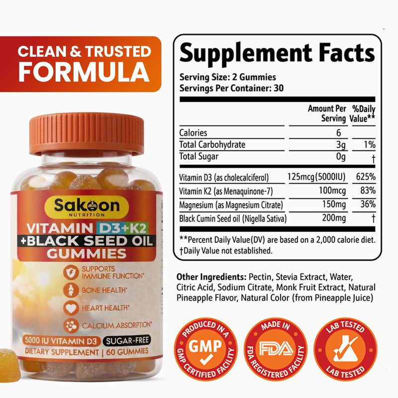 Sakoon Vitamin D3 K2 Gummies 5000 IU for Women & Men | with K2 MK7 & Black Seed Oil | Bone Strength, Calcium Absorption & Immune Support | Sugar-Free, Non-GMO, Gluten Free | 60 Gummies Chewables