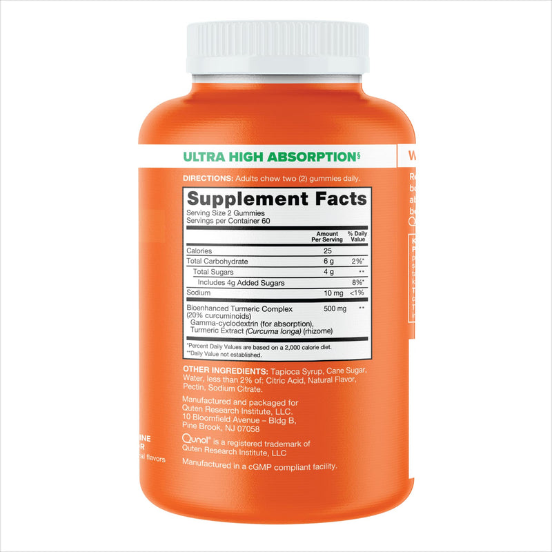 Qunol Turmeric Gummies, Gummy with 500mg Turmeric Curcumin, Joint Support Supplement, Ultra High Absorption Tumeric Curcumin, Vegan, Gluten Free, 2 Month Supply, 120 Count Orange 120 Count (Pack of 1)