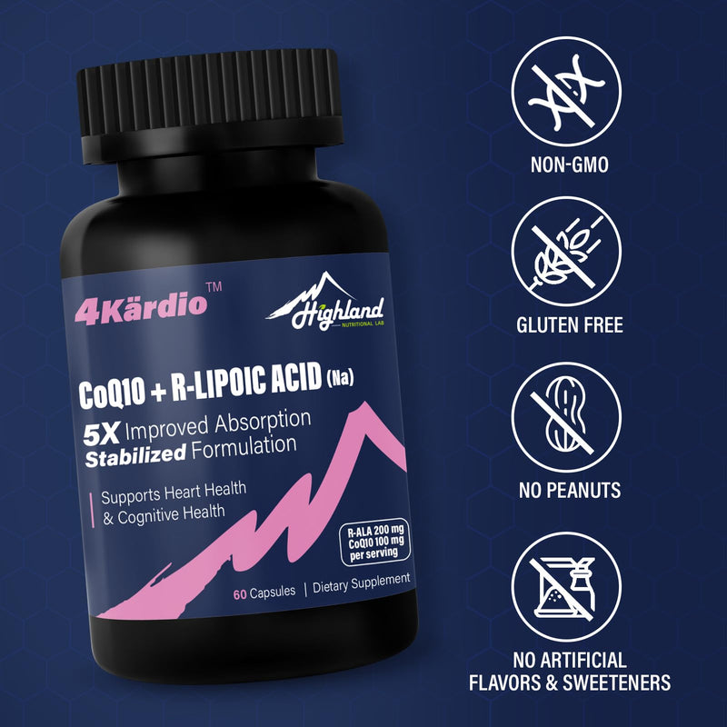CoQ10 100mg + R-Lipoic Acid 200mg per Serving, 1 Month Supply, Up to 5X Improved Absorption, R-Lipoic Acid/CoQ10 Supplement for Heart Health and Cognitive Health-60 Capsules