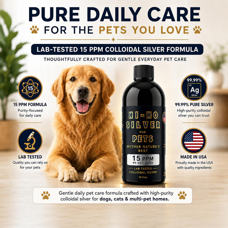 Colloidal Silver for Pets, 15 PPM Silver Liquid for Dogs & Cats, Skin & Immune Daily Wellness Support, 99.99% Pure, Lab Tested, Made in USA, 16 fl oz 16 oz