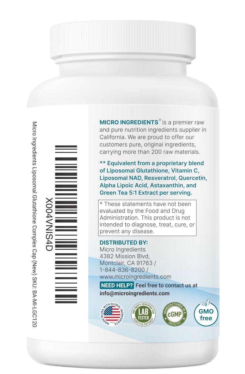 Micro Ingredients Liposomal Reduced Glutathione Complex 3,000mg - 8‑in‑1 Advanced Glutathione Supplement with NAD, Resveratrol, Quercetin, Alpha Lipoic Acid & Vitamin C - 120 Vegetarian Caps