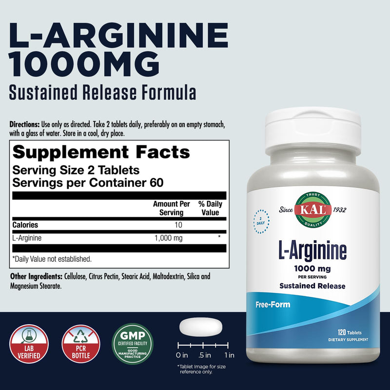 KAL 1000 Mg L-arginine Tablets, 120 Count 120 Count (Pack of 1)