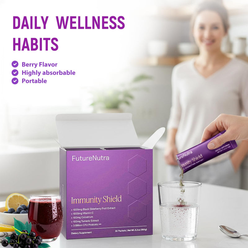 Immune Support Powder for Daily Defense - 1000mg Black Elderberry + 1000mg Vitamin C with Vitamin D3, Zinc, Calcium Blend - Multi-Immune Defense Formula, 30 Packets