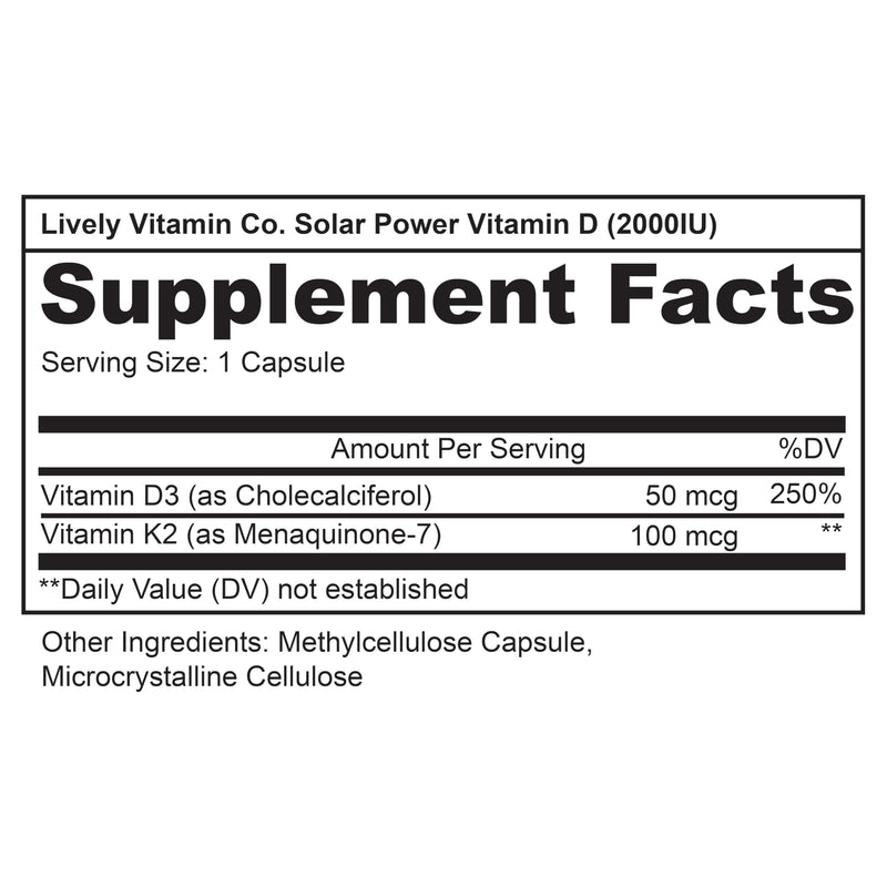 LIVELY VITAMIN CO. Solar Power Vitamin D3 2000 iu - Patented Vitamin K - MK7 - Immune Balance - Brain Function - Mood - Heart - Stress - 60 Count 60 Count (Pack of 1)