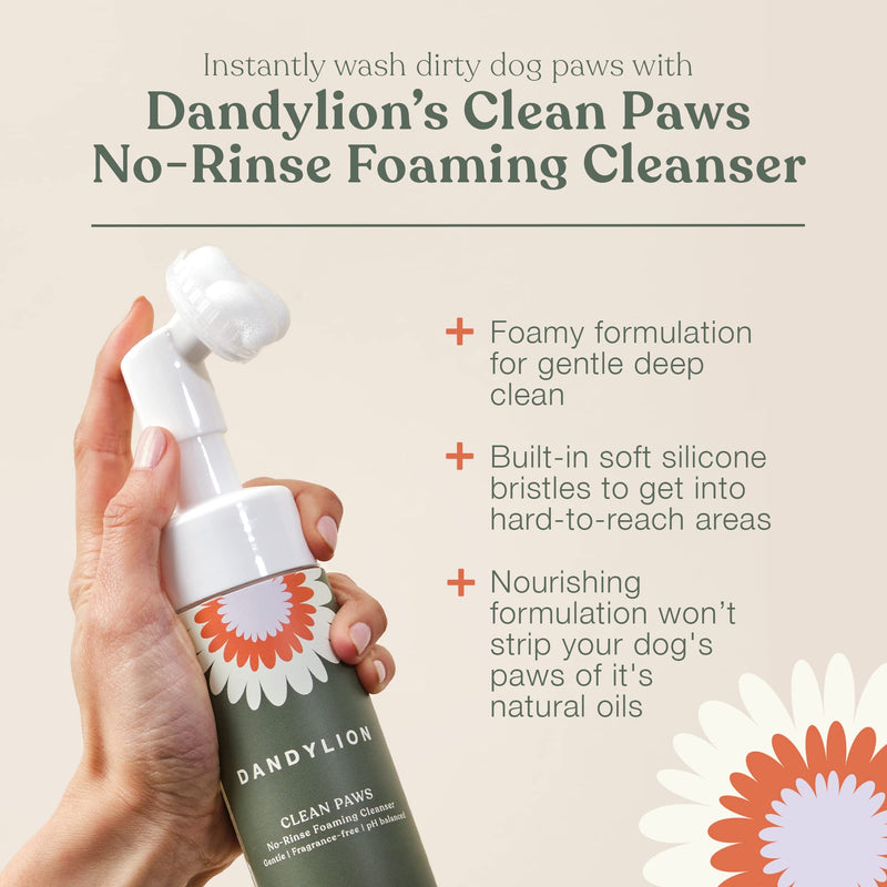 Dandylion Clean Paws | No-Rinse Foaming Cleanser | Gentle, Fragrance-Free, and pH Balanced to Provide a deep Clean Safe for All Dogs | 5fl oz. Bottle with Silicone Bristle Brush 5 Fl Oz Bottle with Brush - BeesActive Australia