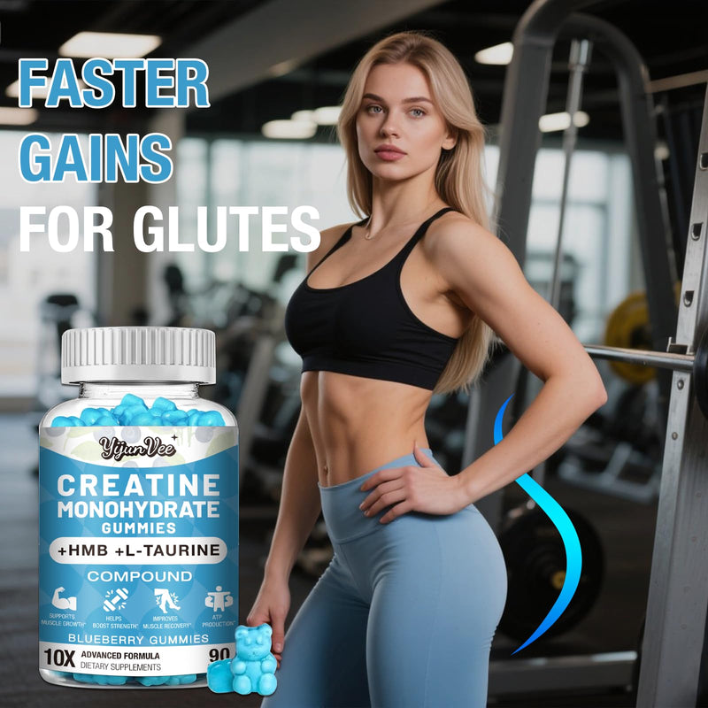 8000MG Creatine HMB Monohydrate Gummies for Men & Women - L-Carnitine,L-Taurine & Vitamin B6 12,10X Absorption,8 Gram of Creatine Monohydrate per Serving, Blueberry Flavor Gummy,180 Counts