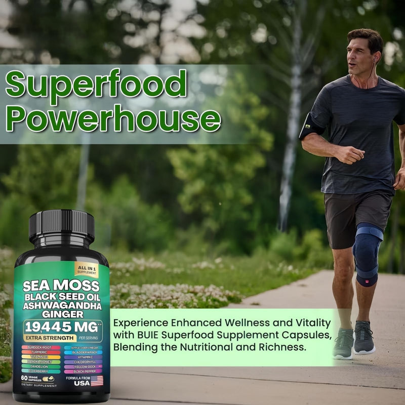 Sea Moss Black Seed Oil Ashwagandha Ginger Capsules with Turmeric Bladderwrack Burdock & Vitamin C Vitamin D3 with Elderberry Manuka Dandelion Yellow Dock Iodine Chlorophyll ACV