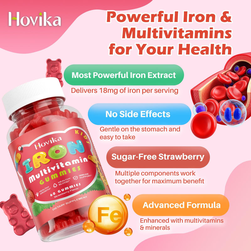 Iron Supplement Gummies for Kids with Multivitamin, Calcium, Zinc, Folate - Kids Iron Gummies Support Immune, Blood Builder, Iron Deficiency, Anemia & Energy - Vegan, Strawberry 60 Count 60 Count (Pack of 1)