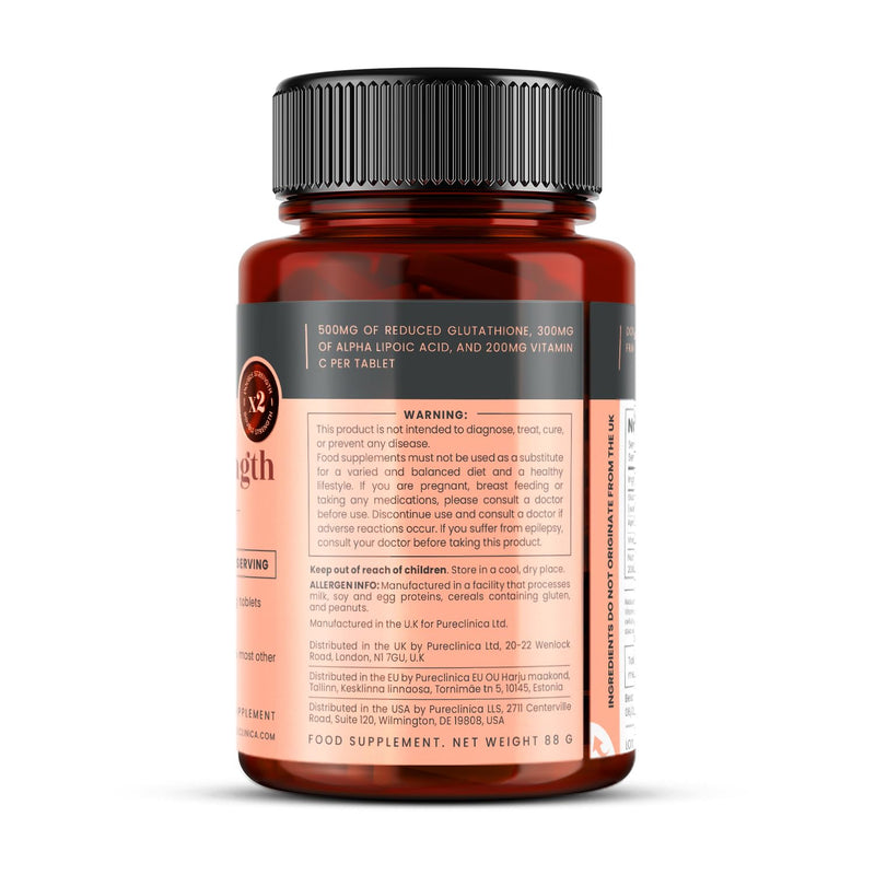 pureclinica Glutathione 1000mg – 120 Tablets (2 x 60) | High Strength with 500mg Glutathione, 300mg ALA, 200mg Vitamin C | Antioxidant & Detox Support, 1-a-Day 60 Count (Pack of 2)