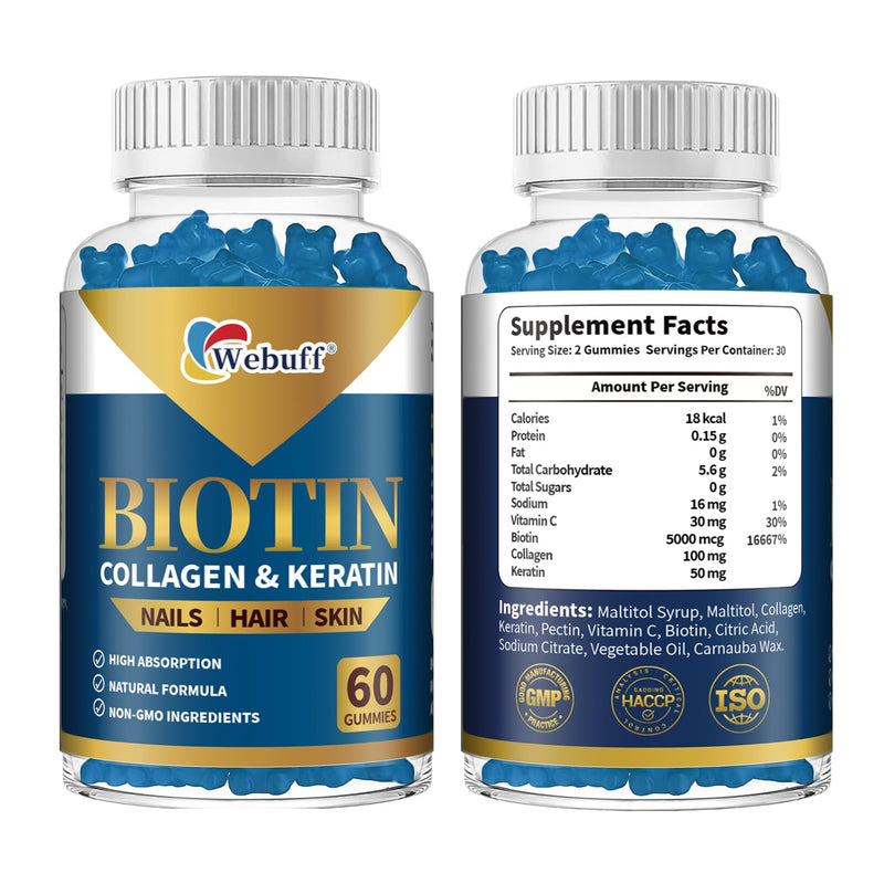 Biotin Gummies 5000mcg for Hair Growth Support - Sugar Free Multi Collagen with Keratin,Pectin Based, Hair Skin and Nails Vitamins Gummies - 60 Count 1 Count (Pack of 60)
