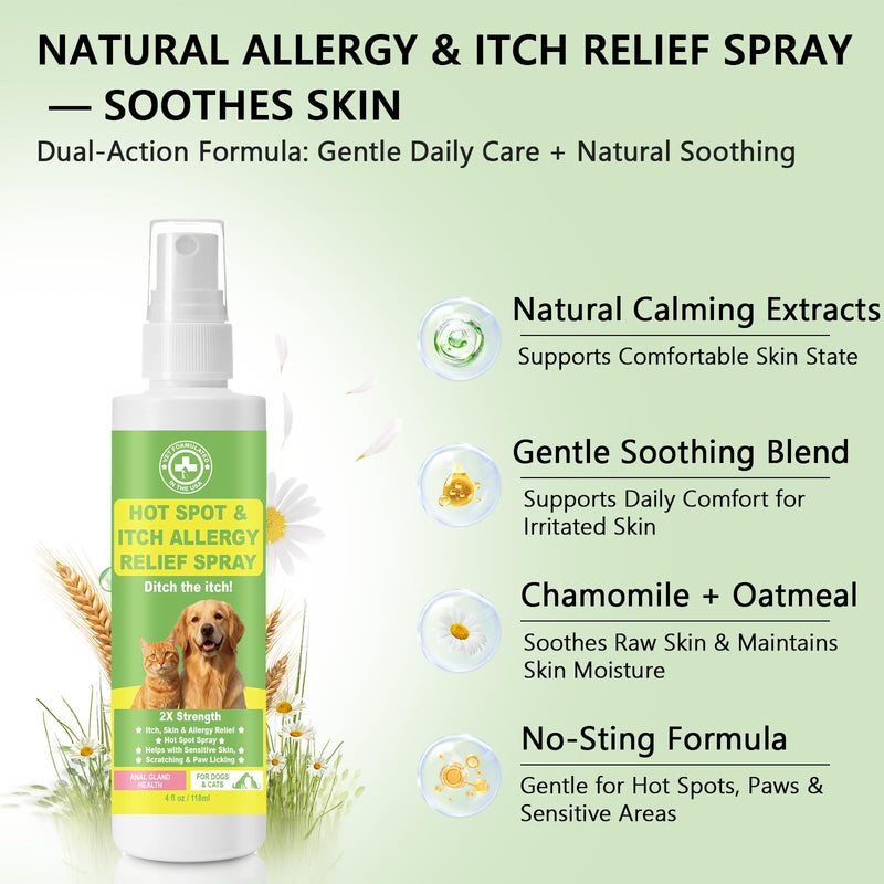 Allergy Itch Relief Hot Spot Spray for Dogs & Cats –Natural Allergy Itch Support Spray with Chamomile & Oatmeal, Skin Comfort & Moisturizing, Anti-Scratch Spray for All Ages & Breeds 4 fluid ounce
