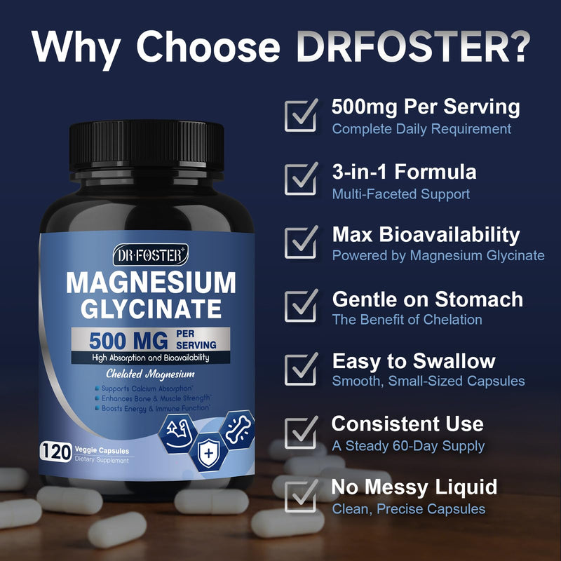DRFOSTER Chelated Magnesium Glycinate 500mg with Zinc, 120 Veggie Capsules | High Absorption Supplements with Vitamin D3 for Sleep, Muscle & Bone Support, Leg Cramps Relief, Non-GMO 120 Count (Pack of 1)