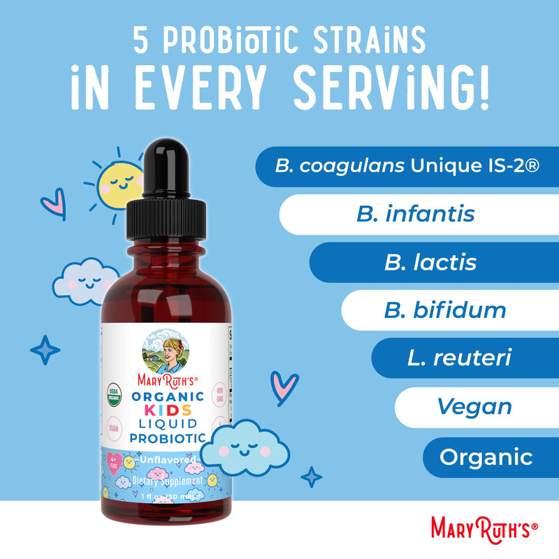 MARYRUTH'S Kids Probiotic Liquid Drops, Ages 4+, Gut Health, Immunity, 1 Oz | USDA Organic, Digestive Health, Ages 4+ Gut Health & Immune Support, Vegan, Non-GMO, 1 Fl Oz