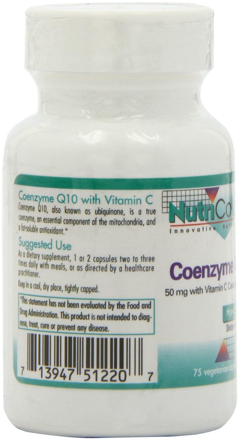 NutriCology Coenzyme Q10 50 mg Heart Health, 75 Vegetarian Capsules | Delivers 50 mg CoQ10 with Vitamin C for Cellular Energy Production, Antioxidant Activity and Heart Wellness