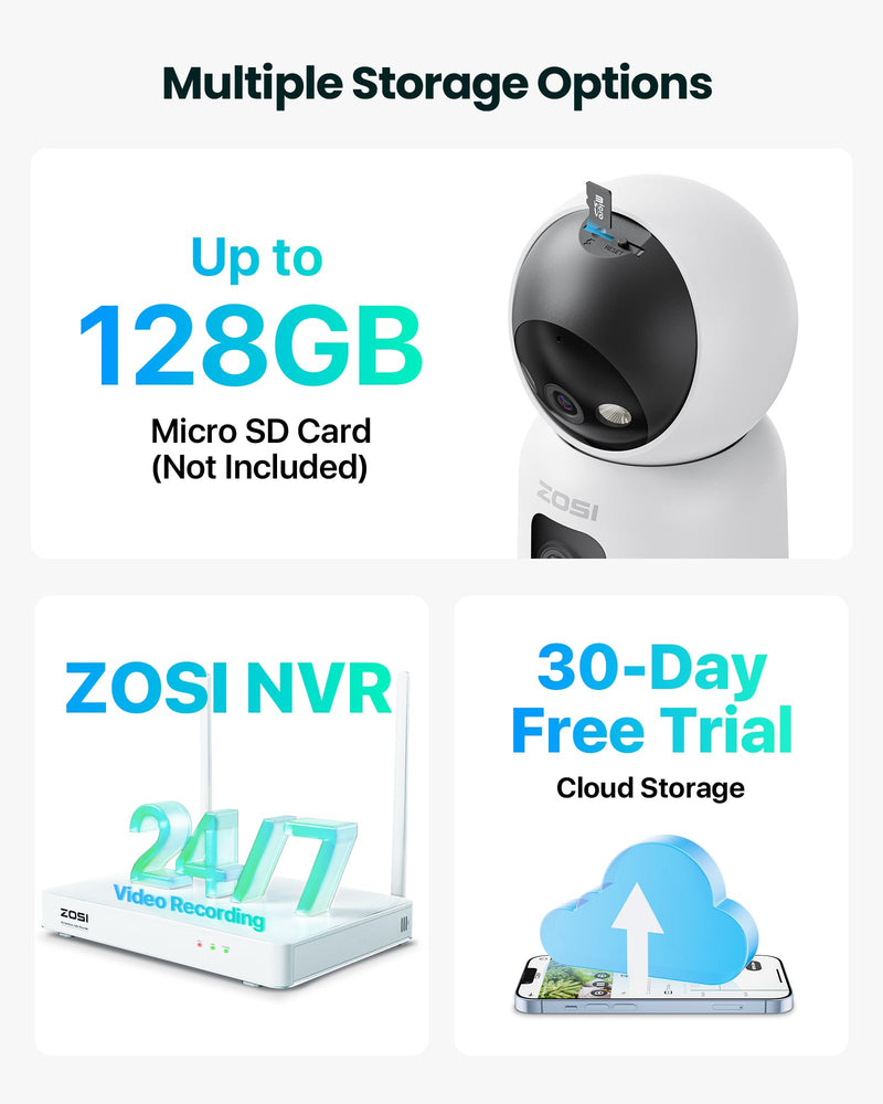 ZOSI indoor surveillance camera with dual lens 3MP+3MP, 2.4/5G WiFi, button/OK gesture call, AI person detection and tracking, color night vision, C528D white 3MP+3MP dual camera - BeesActive Australia