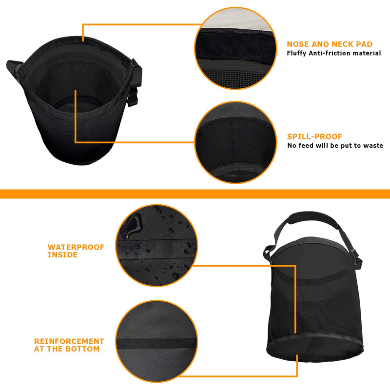 Horse Feed Bag Grain, Horse Mussel Mesh Bag with Adjustable Strap Comfort Neck & Nose Pad Waterproof Bottom(Black 2P) Black 2 pack - BeesActive Australia