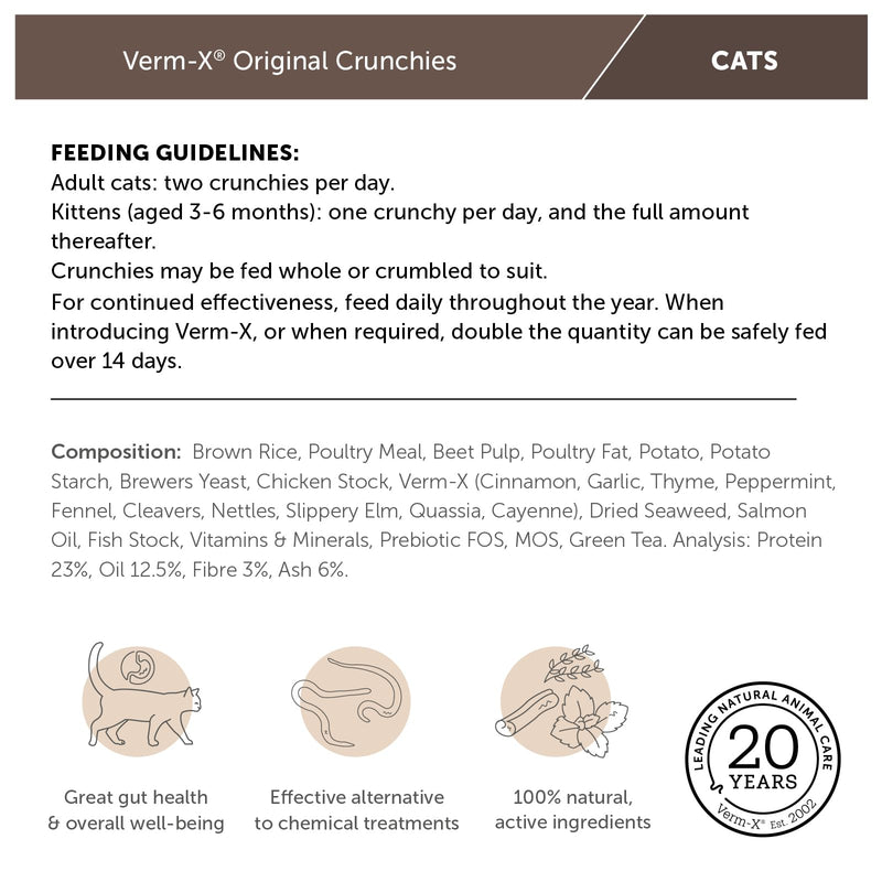 Verm-X 100% Natural Treats for Cats. Supports  Intestinal Hygiene. Vet Approved. UFAS Assured. Contains  Prebiotic for Gut Biome Quality. Restores and Maintains Gut Vitality. Wormwood Free Recipe. 60 g Single