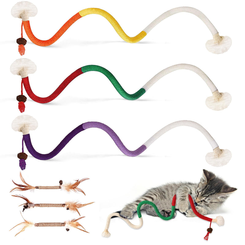 Cat Toys Set – 3 Cat Dental Rope Toys + Bonus 3 Silvervine (Gall Fruit) Chew Sticks – Safe Organic Cotton Interactive Cat Chew Toys for Teeth Cleaning, Quiet Play & Healthy Chewing