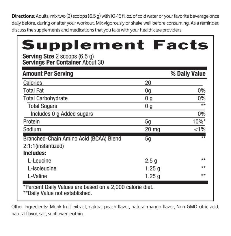 Biochem Vegan BCAA Powder, Peach Mango, Workout Recovery, 30 Servings | 5 g instantized 2:1:1 blend of L-leucine, L-isoleucine and L-valine to support protein synthesis and muscle recovery