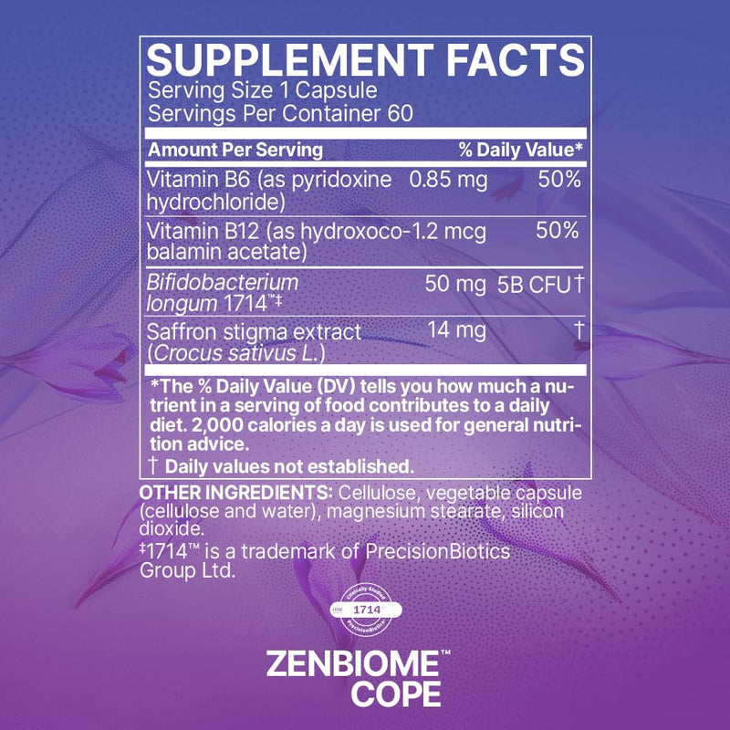 Microbiome Labs Zenbiome COPE - Probiotic Mood Support Supplement with Vitamin B6, B12 & Saffron Extract - Gut Health Probiotics for Women & Men - Support the Gut-Brain Axis (60 Capsules)