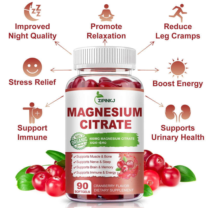 Magnesium Citrate Supplements 400mg for Women & Men, 180 Count | Magnesium Citrate with Vitamin D3, B6 and Cranberry Extract High Absorption for Night Quality, Muscle & Bone, 90 Servings 90 Count (Pack of 2)
