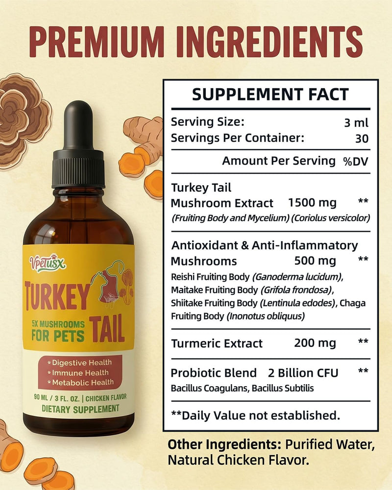 Turkey Tail Mushroom Supplement for Dogs - Liquid Immune Support Drops for Lumps & Bumps - 7-in-1 Blend with Turmeric & Probiotics, Chicken Flavor (90 ML)
