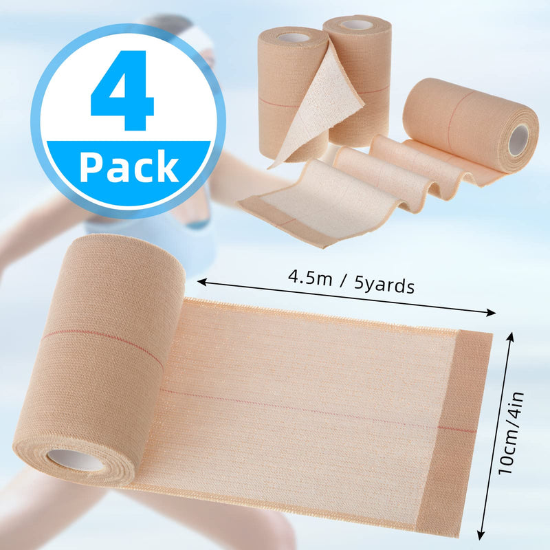 4 Rolls Adhesive Elastic Tape Bandage Tape Wrap Bandage Wrap Elastic Bandage Self Adhesive Bandages Flexible Stretch Bandages for Sports Ankle, Knee and Wrist Sprains, Beige, 4 Inch x 5 Yard